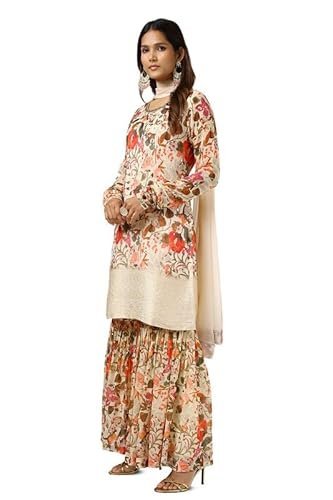 Womens Chinon Floral Print Suit Set With Mirror And Cutdana - Image 3