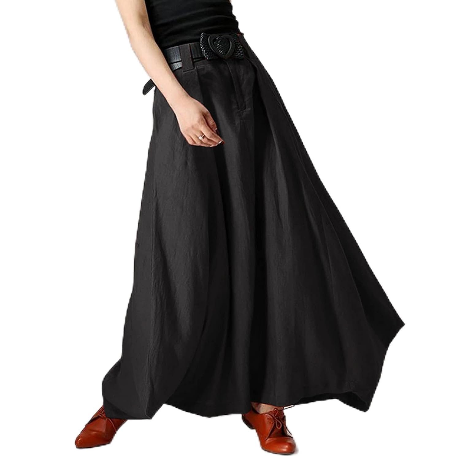 Women Cotton Linen Skirt High Waist Pocket Irregular Hem Long Casual Summer Skirt-Layfoo