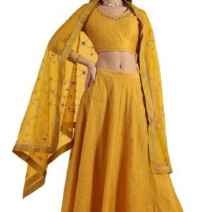 Woman Yellow Metallic Embroidery Crop Top & Skirt with Dupatta Set