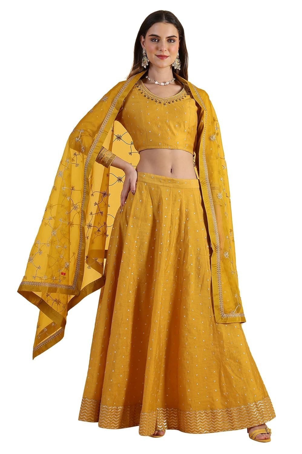 Woman Yellow Metallic Embroidery Crop Top & Skirt with Dupatta Set