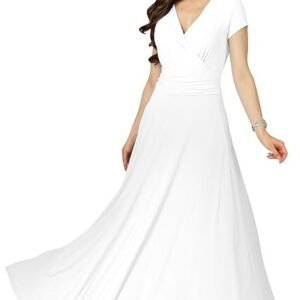 Plus Size Womens Long Cap Short Sleeve V-Neck Flowy Cocktail Slimming Summer Sexy Casual Formal Sun Sundress Work Cute Gown Gowns Maxi Dress Dresses, Ivory White 2XL 18-20