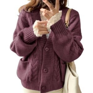 Women's Knit Cardigan, V-Neck, Loose, Body Cover, Thermal, Fluffy, With Pockets, Retro, Cute, Casual, Rib Top, Outerwear, Thick, For Commuting to Work, Autumn, Winter, red purple