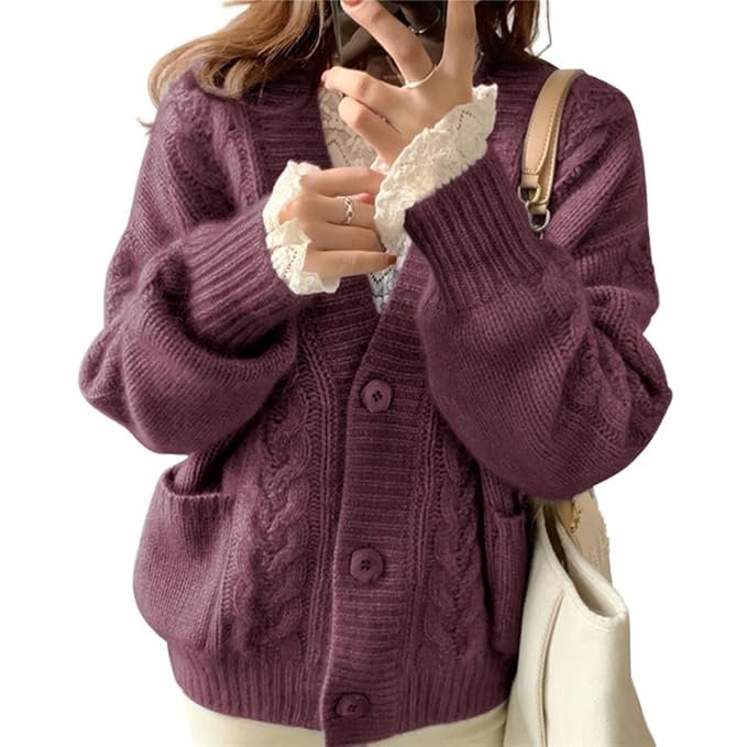 Women's Knit Cardigan, V-Neck, Loose, Body Cover, Thermal, Fluffy, With Pockets, Retro, Cute, Casual, Rib Top, Outerwear, Thick, For Commuting to Work, Autumn, Winter, red purple
