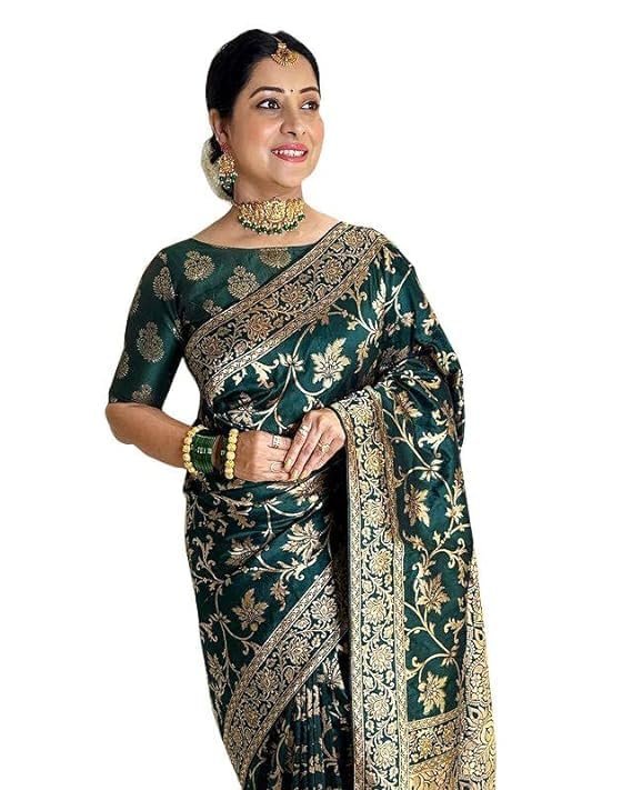 Pure Soft Lichi Silk Saree With Attached Blouse, Color Green