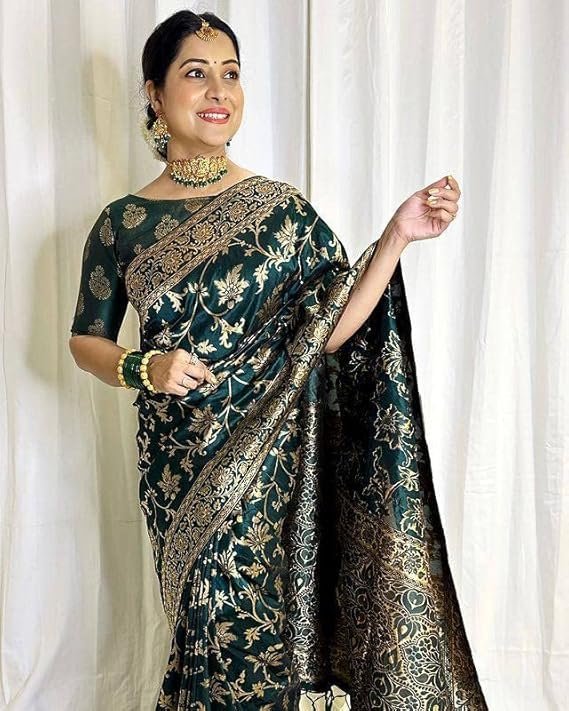 Pure Soft Lichi Silk Saree With Attached Blouse, Color Green - Image 2