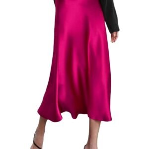 Womens Midi Skirt High Waisted Solid Satin Dress Zipper Elegant Work Skirts