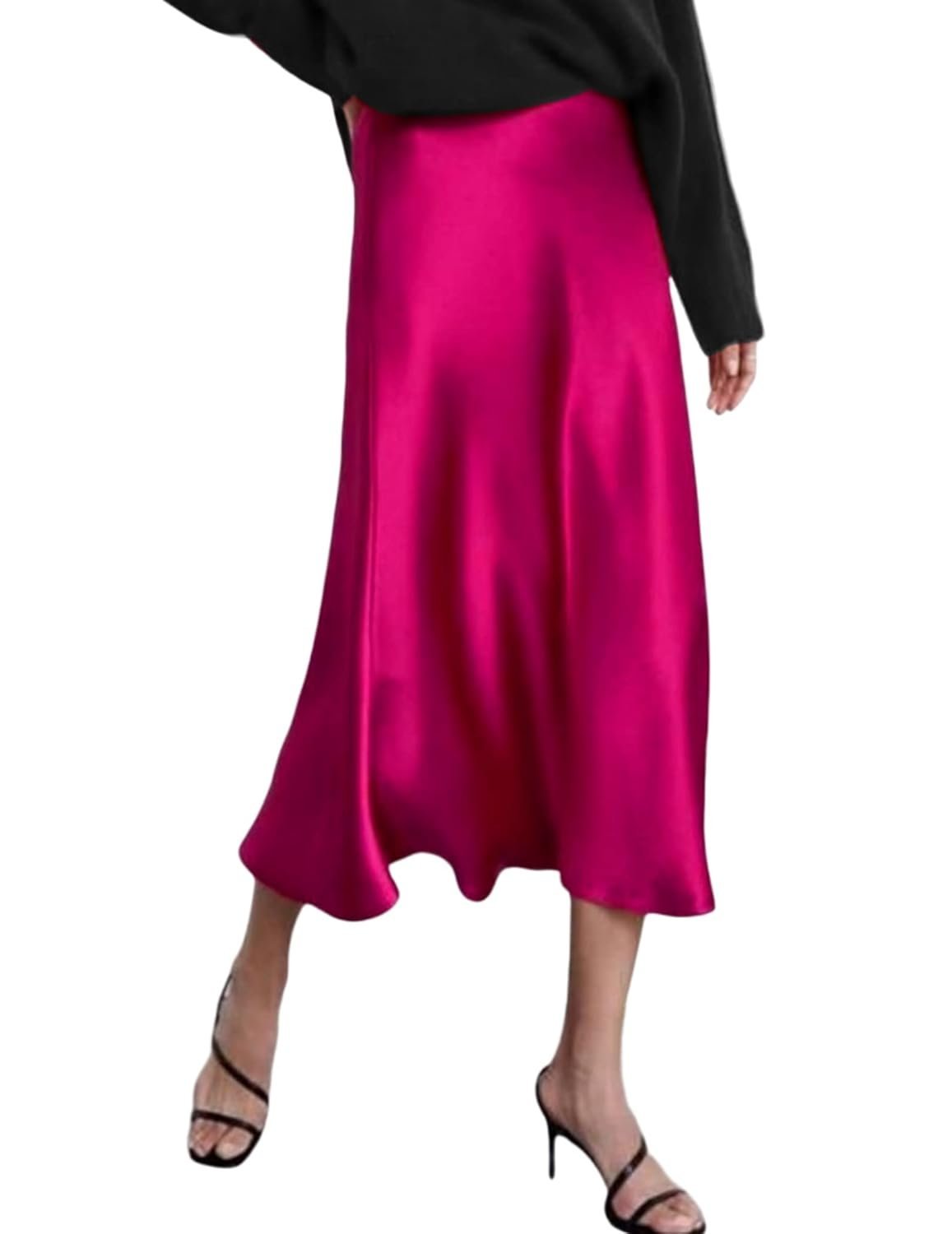 Womens Midi Skirt High Waisted Solid Satin Dress Zipper Elegant Work Skirts