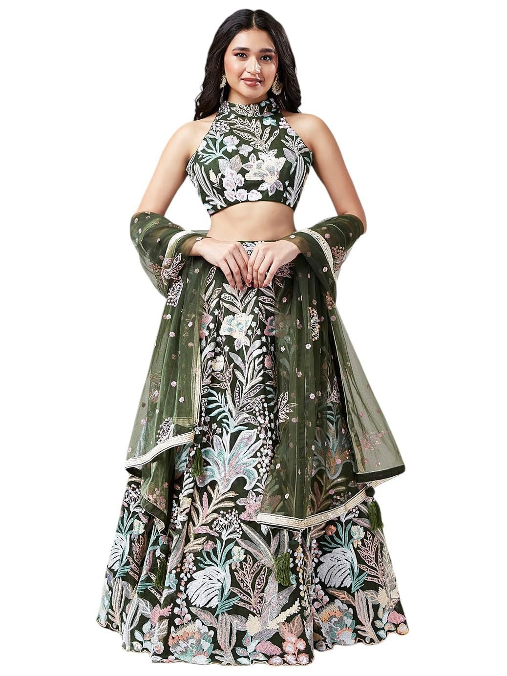 Women's Net Sequins Embroidered Soft Net Semi Stitched Lehenga Choli With Dupatta (6032-Green-Wedding-Stylish-Lehenga-Choli-Latest; Free Size)